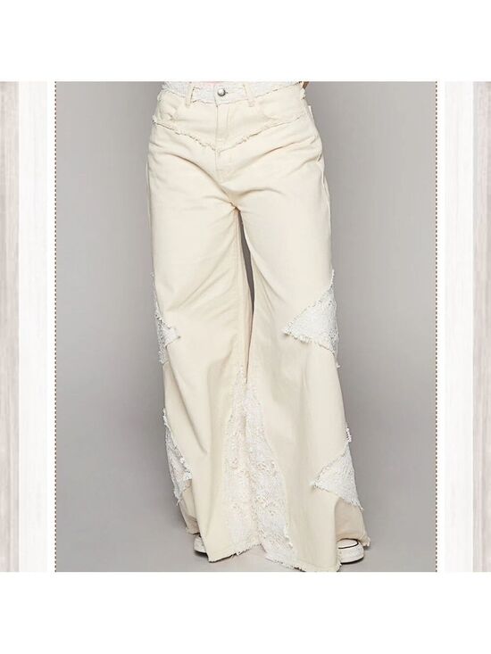 POL Denim - Women's POL Cream Wide-Leg Jeans with Lace/Crochet Accents